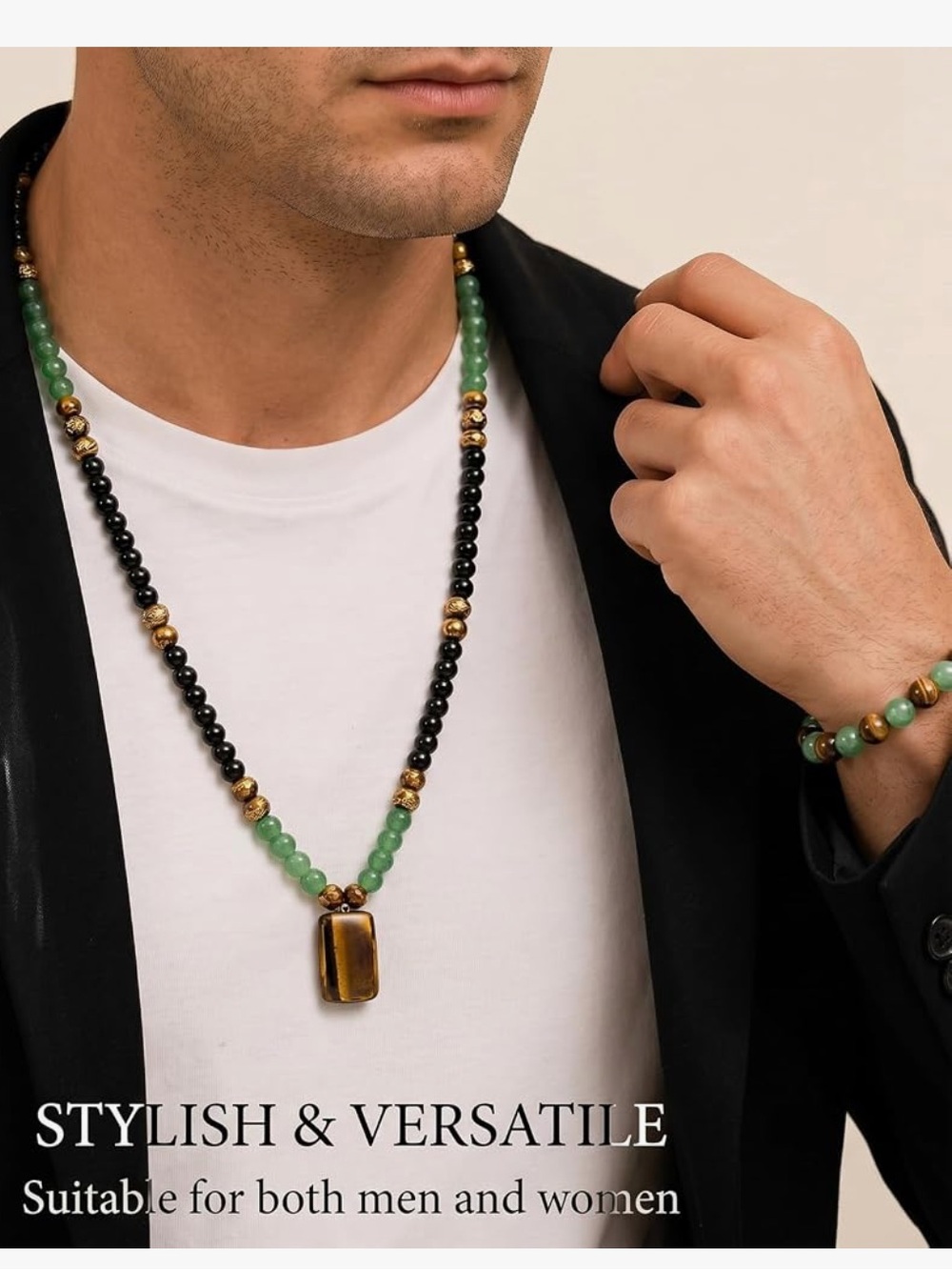#2574**Green and Black Beaded Necklace and Bracelet Set with Gold Accents - Picture 7 of 17
